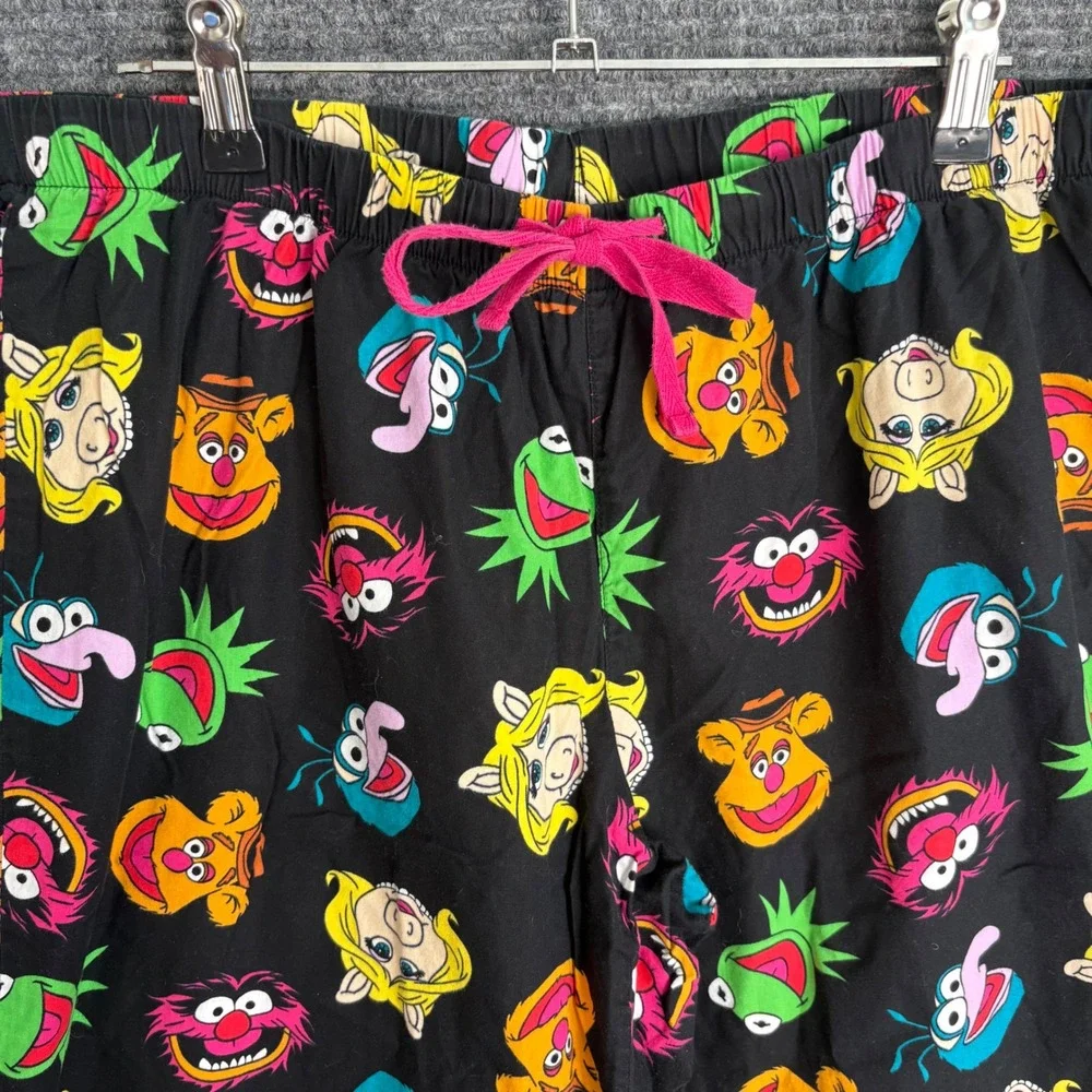 Disney Muppets Pajama Pants Large Black Kermit Miss Piggy Animal Cotton Lounge - Picture 2 of 4